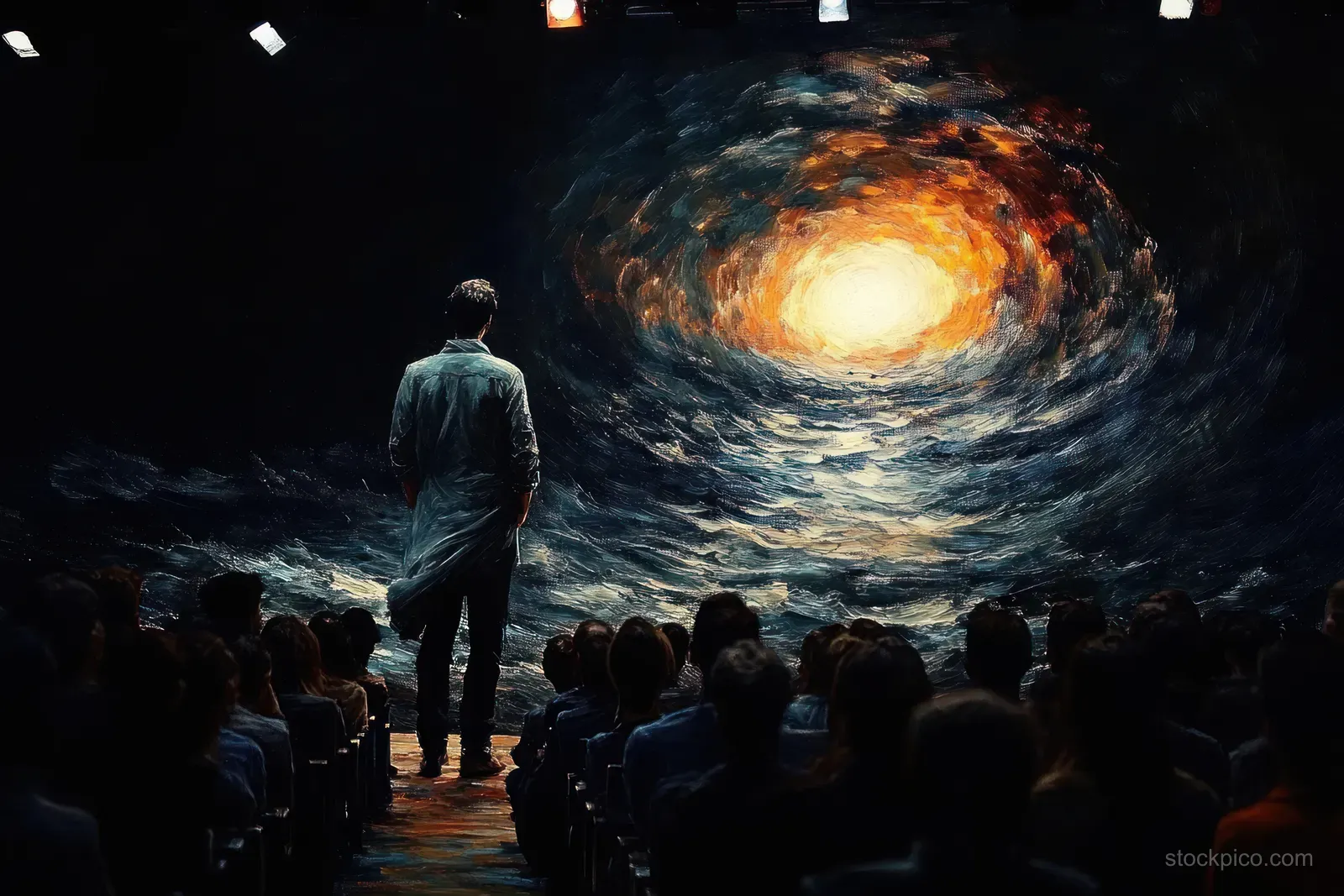 A standing presenter faces an illuminated abstract light vortex on a large screen as an audience sits in a dark room.