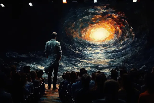 A standing presenter faces an illuminated abstract light vortex on a large screen as an audience sits in a dark room.
