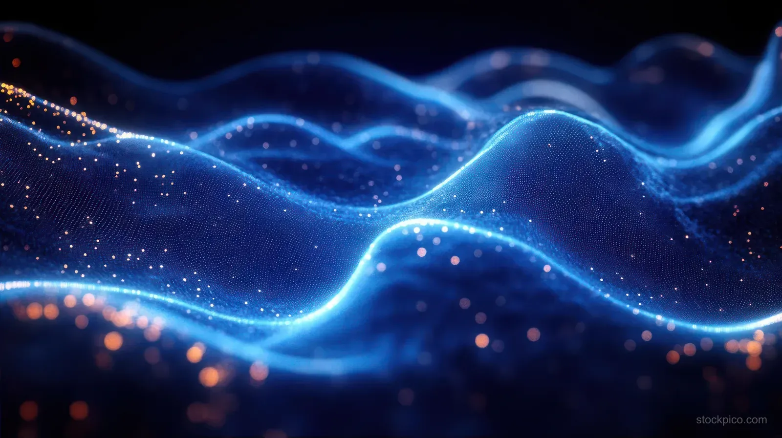Glowing blue waves with scattered golden particles flow across a dark futuristic background.