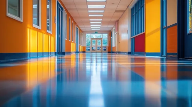 Softly blurred school corridor with blue and orange walls, warm lighting, and window light at the end of the hallway.
