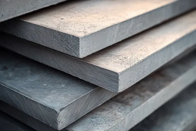 Grey concrete slabs stacked in a staggered pile, showing rough textures and thick edges.