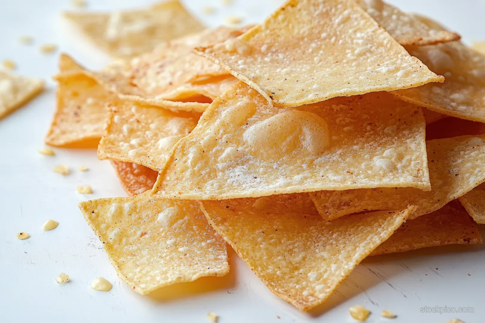 Close-up of a stack of golden tortilla chips with visible crisp edges and light seasoning on a white surface.