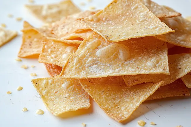 Close-up of a stack of golden tortilla chips with visible crisp edges and light seasoning on a white surface.