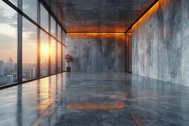 Empty modern interior with concrete walls and floor-to-ceiling windows showing a glowing city skyline at sunset.