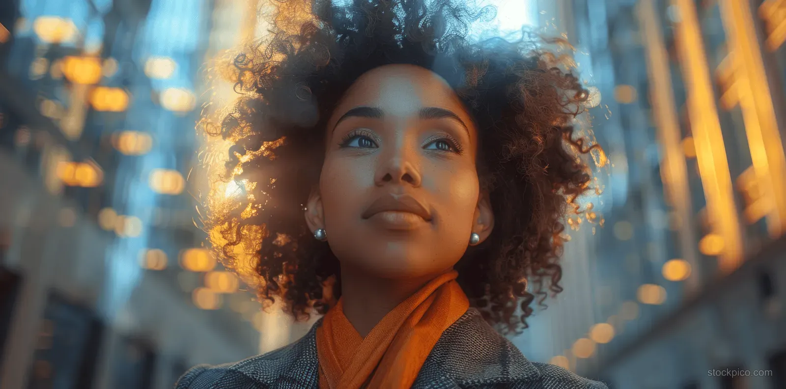 Young woman with curly hair stands on a night street, with warm city lights blurred behind her.
