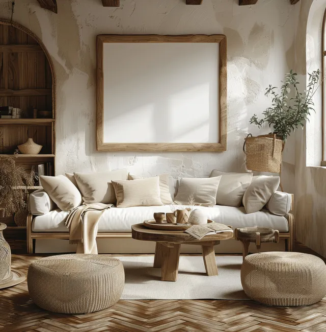 Boho living room interior with a wooden wall frame mockup above a beige sofa and coffee table.
