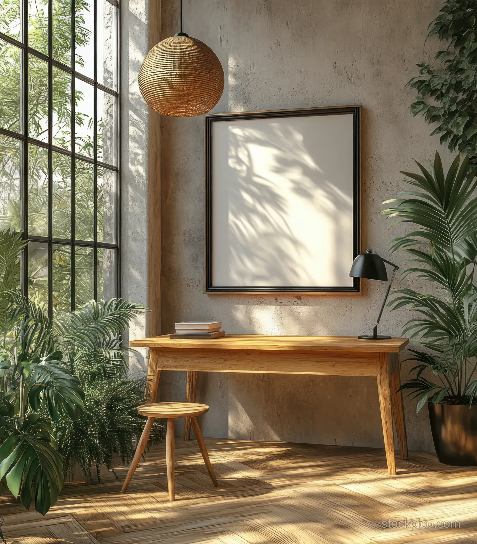 Minimal room with wooden desk, blank framed poster, lamp, and sunlit green plants by a window.