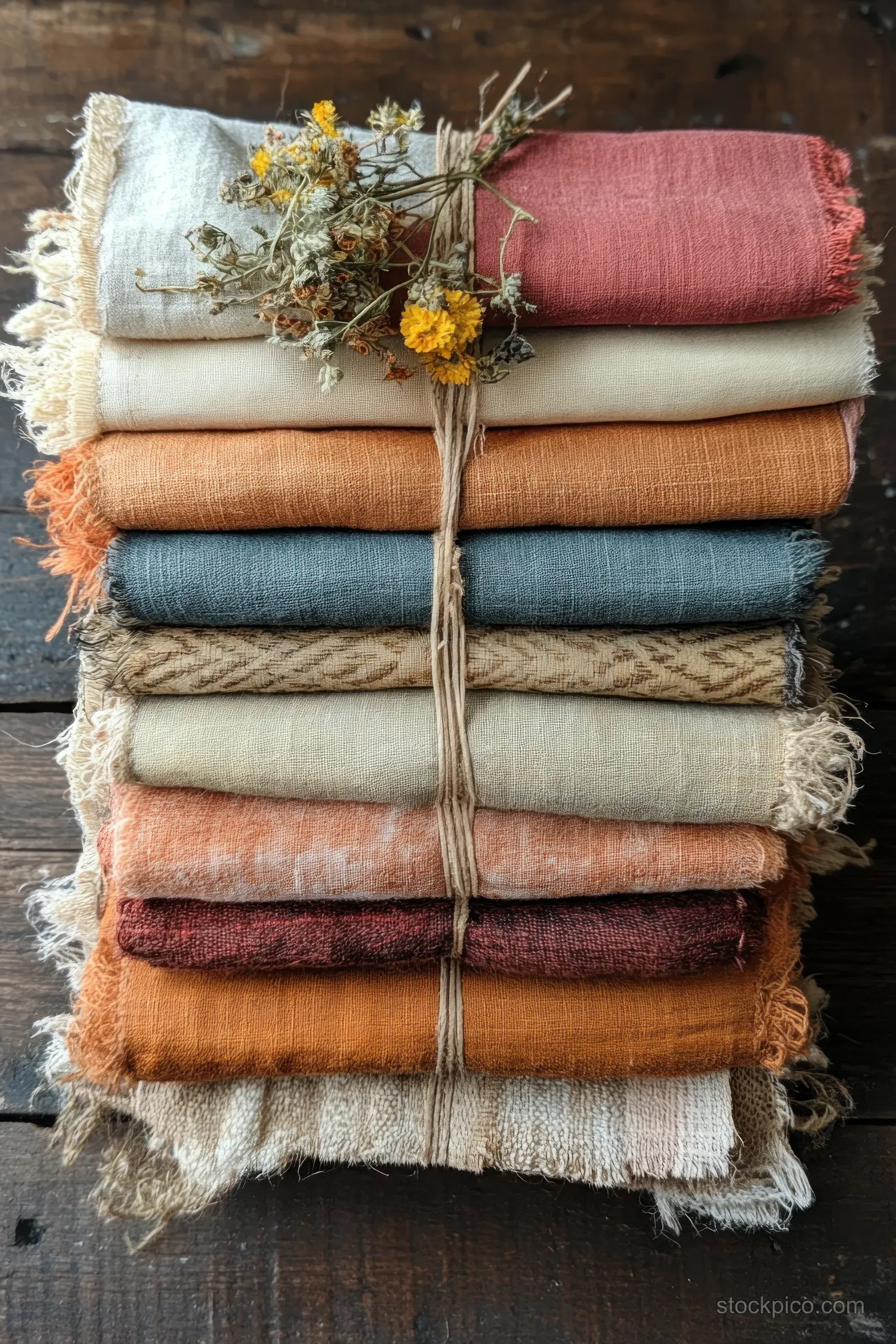 Folded fabric swatches with visible textures and color strips stacked on a dark wooden table.