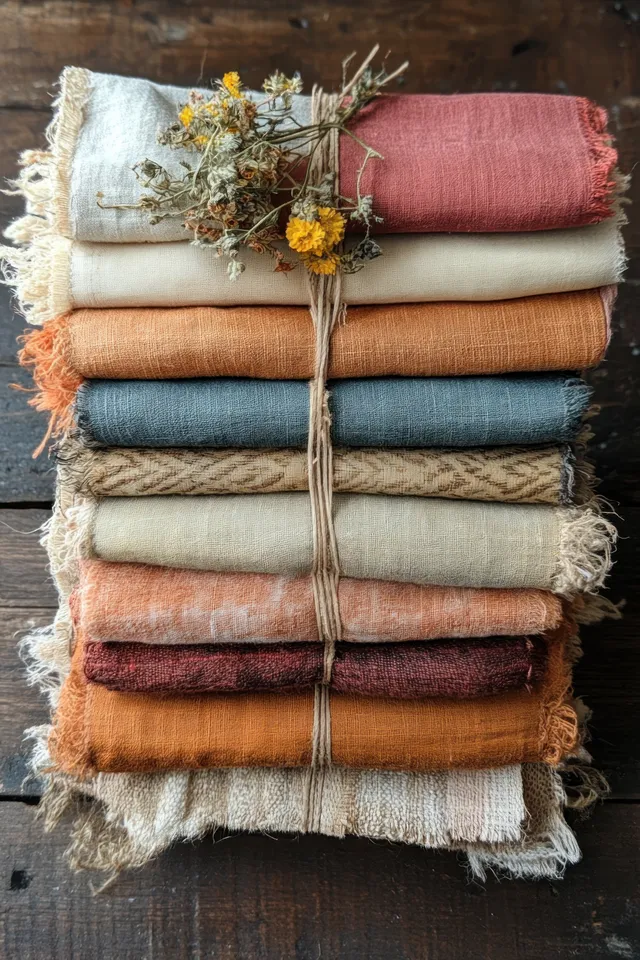 Folded fabric swatches with visible textures and color strips stacked on a dark wooden table.