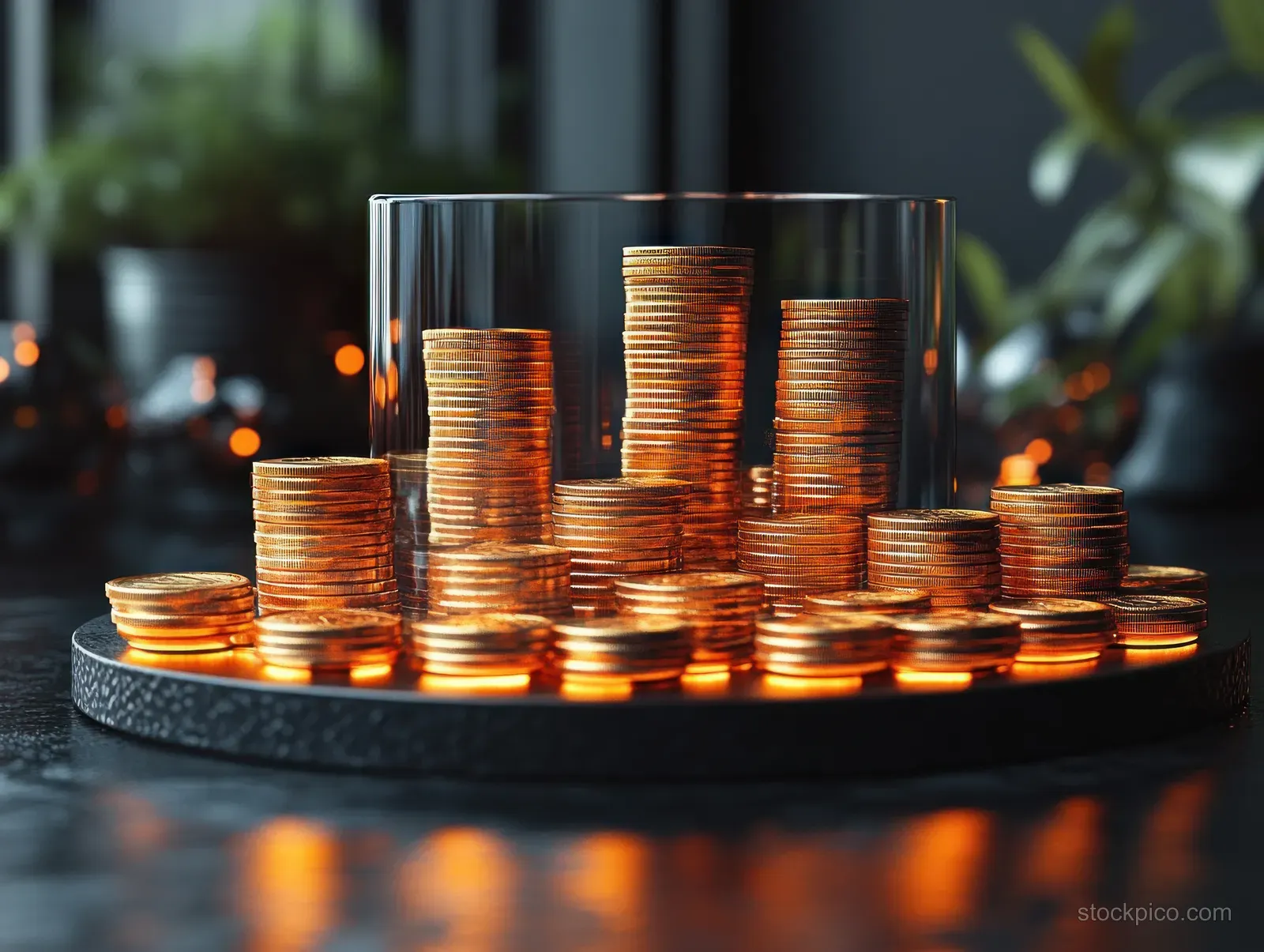 Gold coins form an upward arrow on a dark pedestal, suggesting investment growth and rising market value.