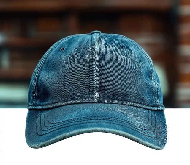 Dark blue denim baseball cap shown from the front with visible stitching details against a blurred brown and white background.