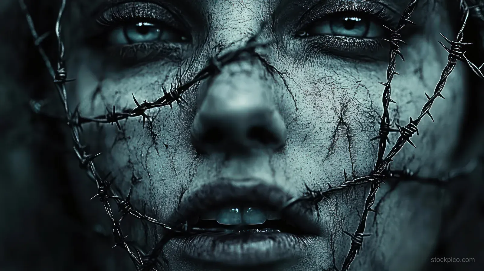 A pale close-up face with cracked skin and barbed wire wrapped across it, eyes staring in distress.