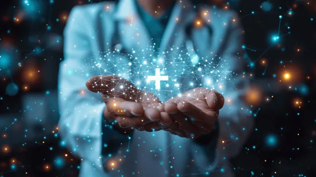Doctor in suit holding glowing medical cross over futuristic hospital-style background
