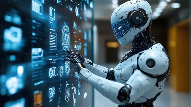 Humanoid medical robot pointing at glowing digital health interface in futuristic clinic
