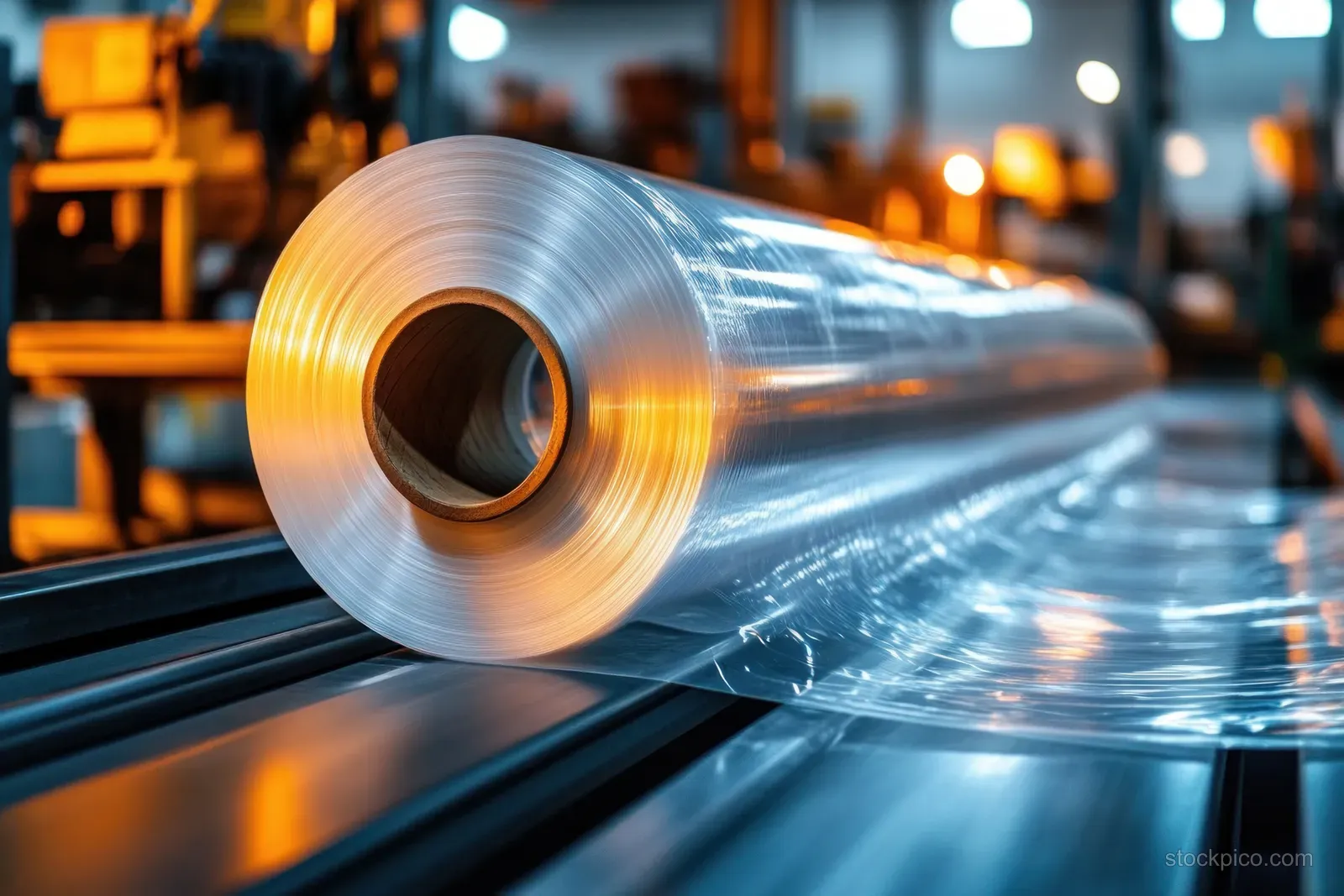 A transparent plastic film roll on industrial rollers feeds across a factory production line under warm lighting.
