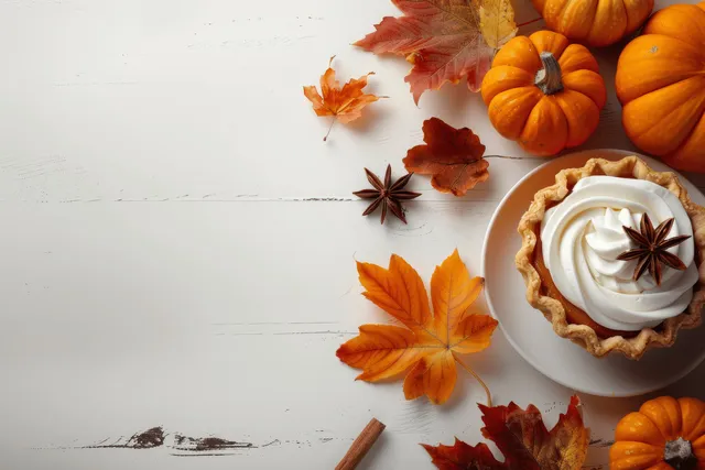 Pumpkin pie slice with whipped cream on white plate beside autumn leaves and small pumpkins