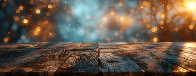 Wooden table surface with light blue and brown blurred bokeh background for product display