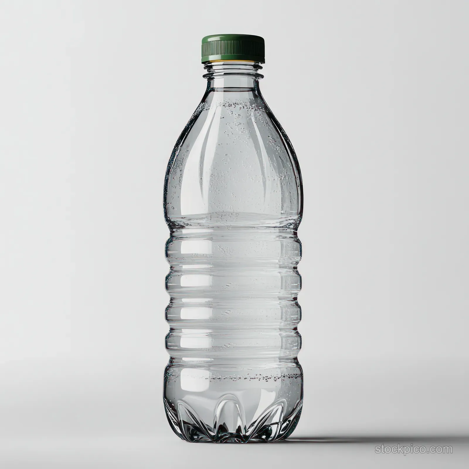 Clear 1 liter plastic water bottle with a green cap isolated on a white background.