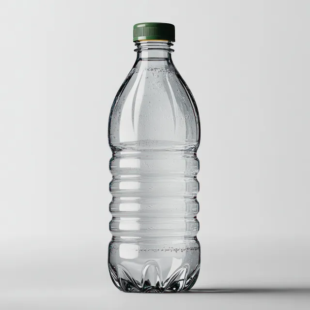 Clear plastic 1 liter water bottle with green cap isolated on white background