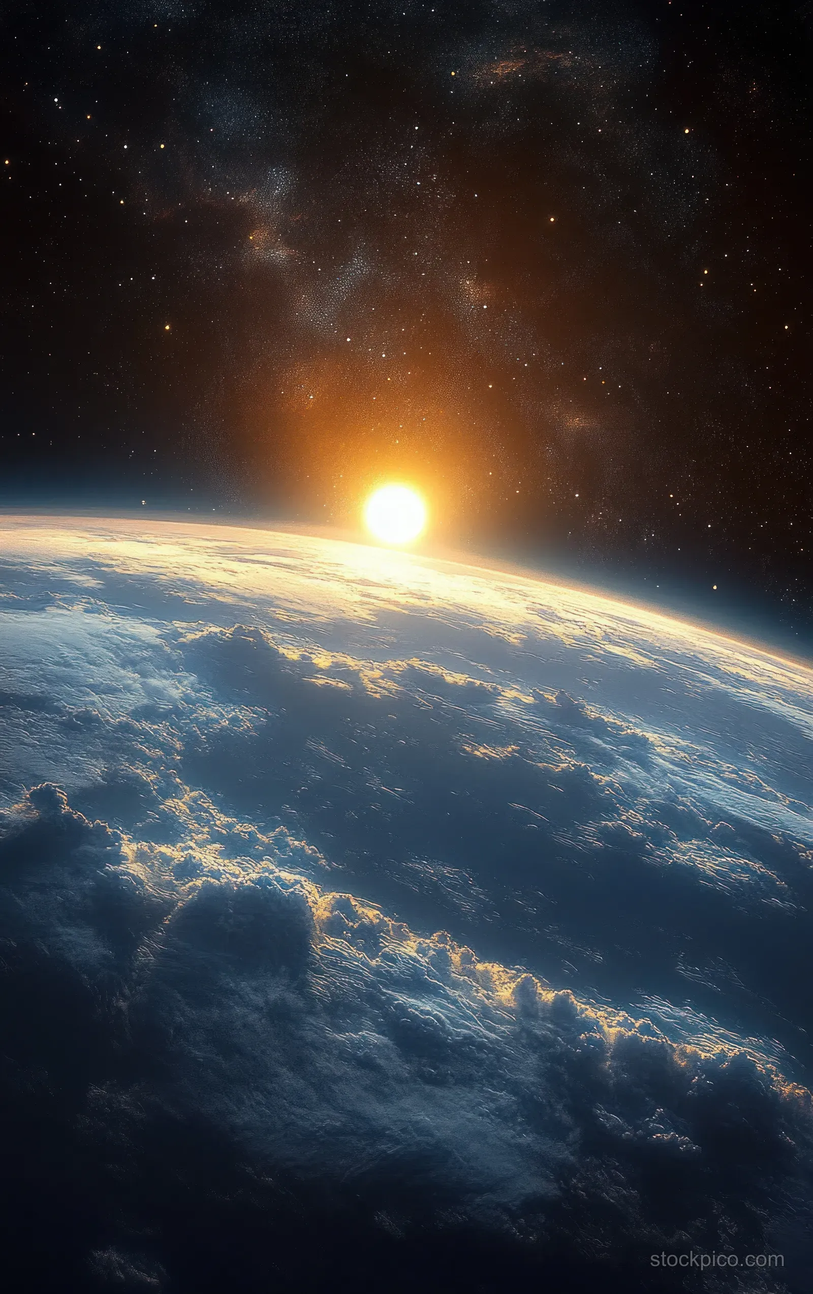 Earth’s curved horizon is lit by a bright sunrise flare in space with surrounding stars.