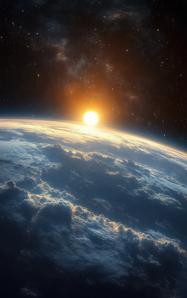 Earth’s curved horizon is lit by a bright sunrise flare in space with surrounding stars.