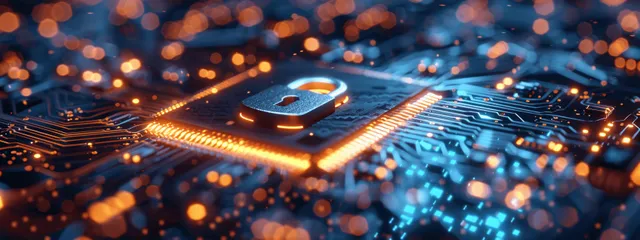 A glowing lock rests on a circuit board surrounded by blue and orange data lights.