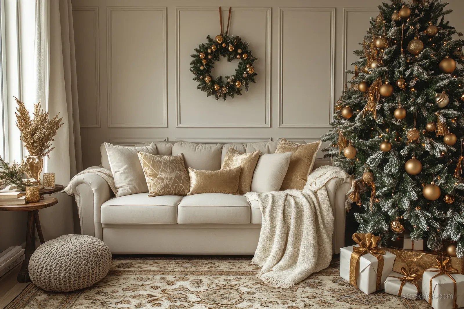 A decorated Christmas tree with warm lights and wrapped gifts sits beside a neutral sofa in a cozy living room.