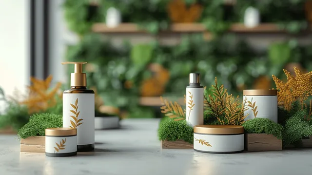 Eco skincare bottles on a minimalist counter with living plants and warm daylight