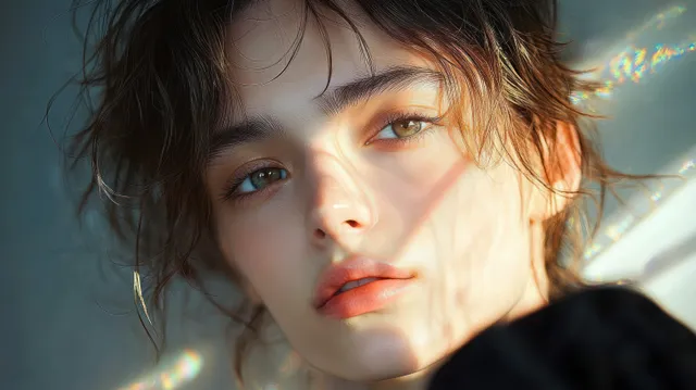 Young man with clear skin gazes softly in natural light with subtle face shadows