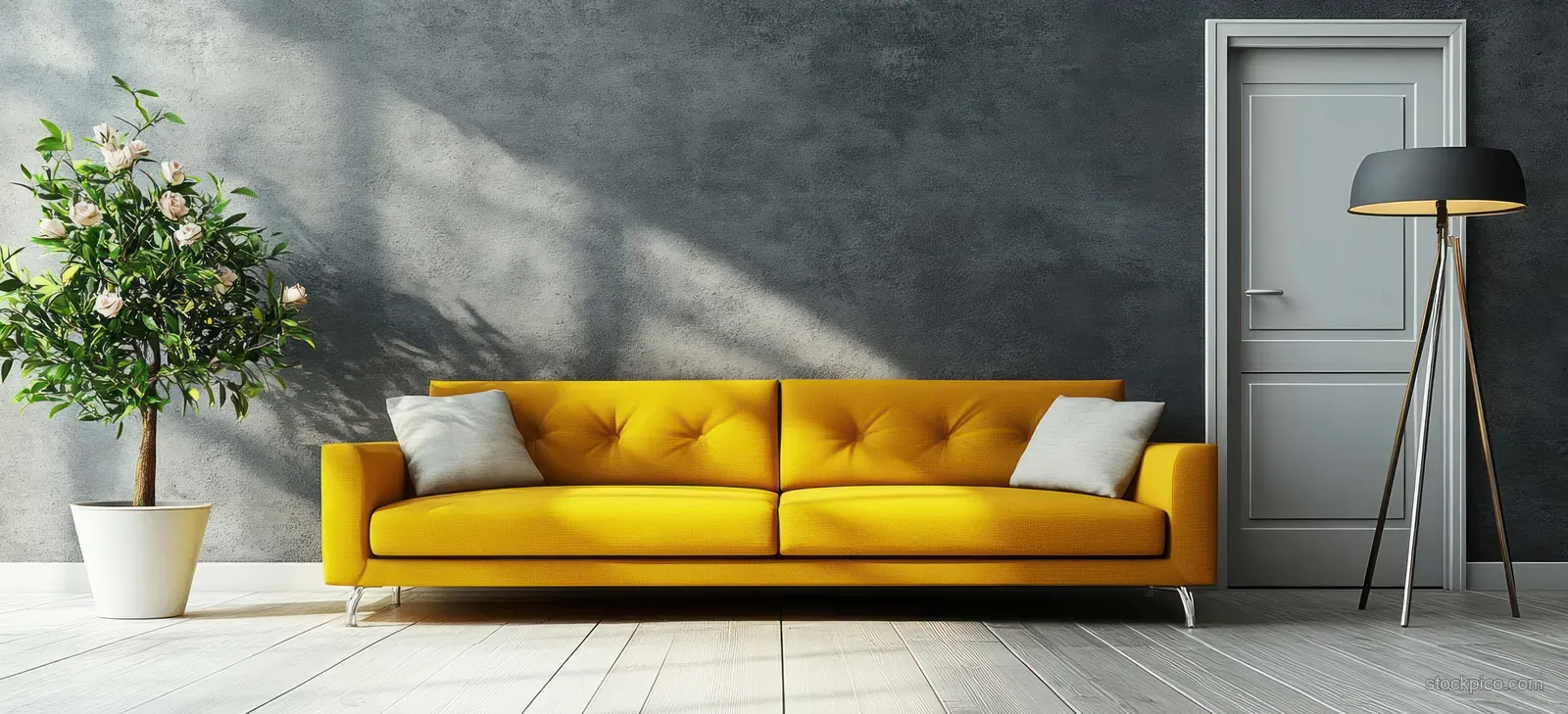 Bright yellow sofa against a grey wall with a floor lamp and a white vase of flowers in a tiled living room.
