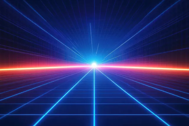Neon blue grid lines converge with orange and blue light beams toward a glowing central horizon point.