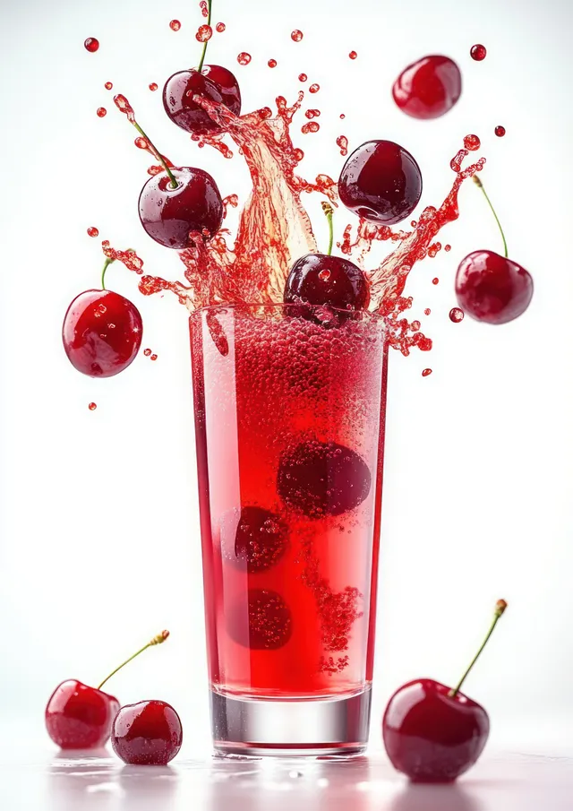 Cherry juice bursts from a clear glass with flying cherries and droplets on a white background.