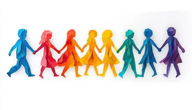 Colorful paper cutout people hold hands in a row across a blue-purple gradient background.