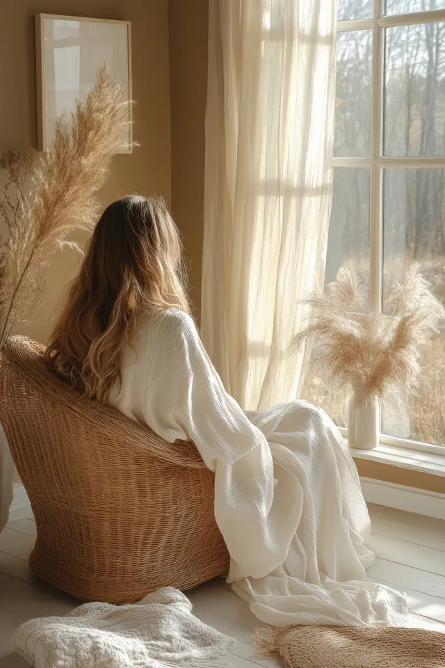 Young woman washing her face at a sunlit vanity, soft morning light streaming through the window.