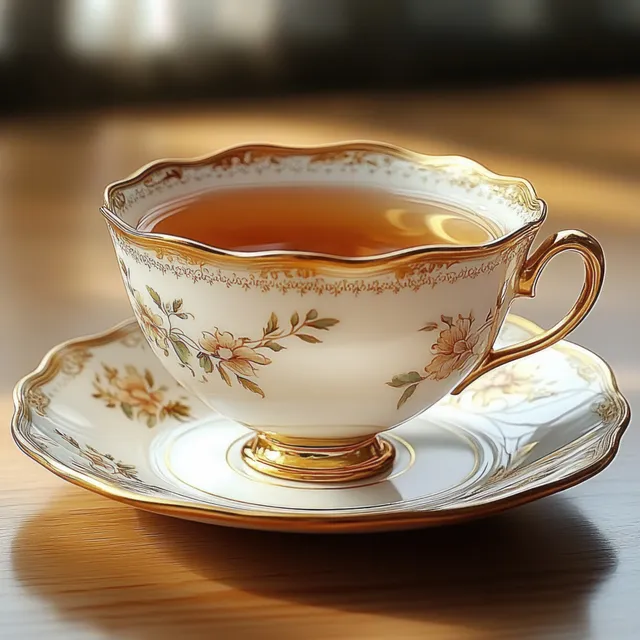 Floral porcelain teacup of warm tea on saucer in soft sunlight