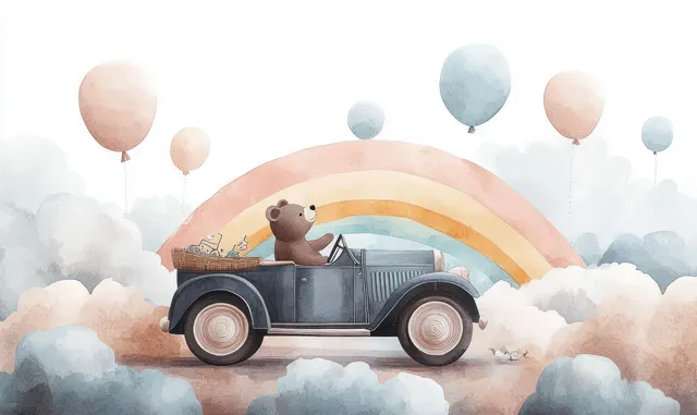 A cartoon bear drives a vintage car along a rainbow inside clouds with pastel balloons floating overhead.