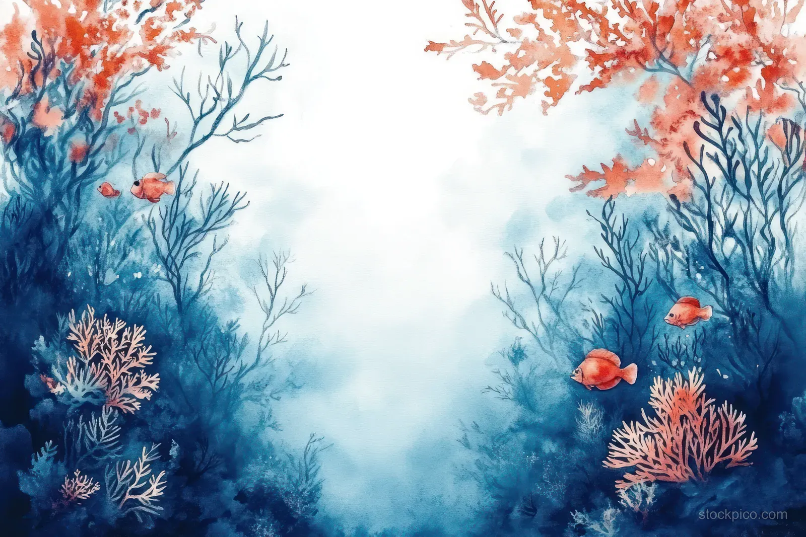 Orange fish swimming among blue coral branches and seaweed underwater.