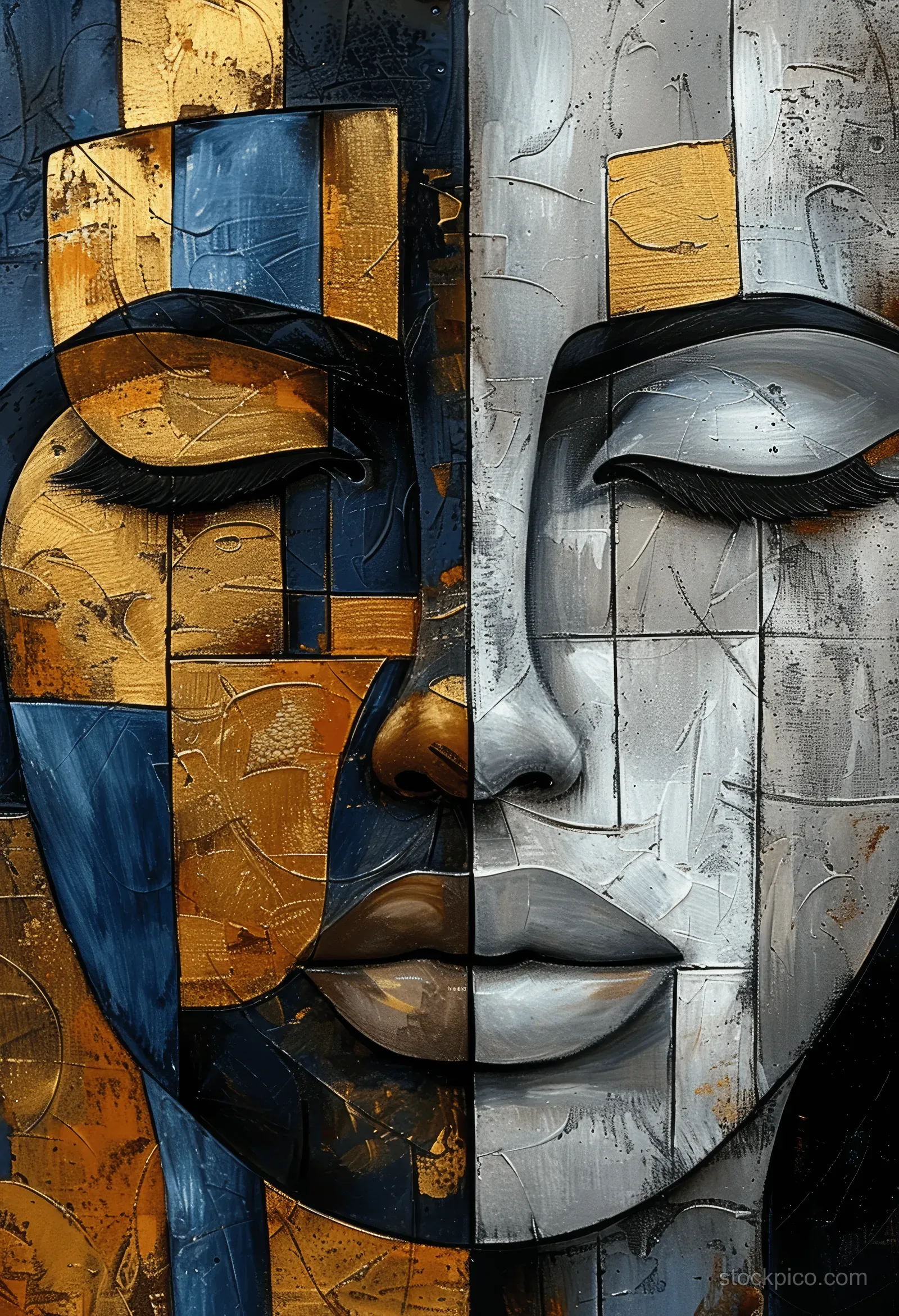 Cubist abstract painting showing two fragmented faces in gold and silver with blue-gray geometric blocks on a textured background.