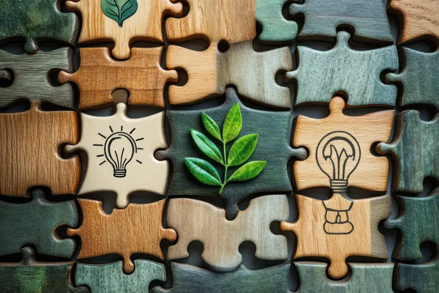 Wooden puzzle pieces with light bulb and leaf symbols fitting together