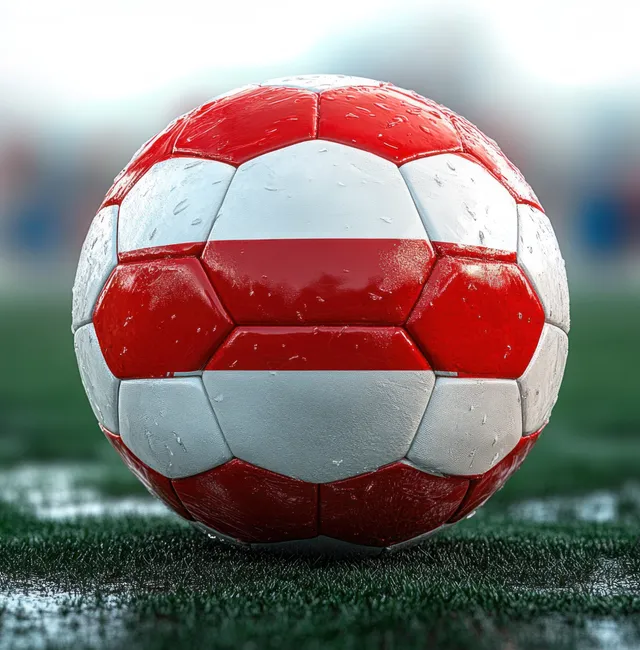 A red and white Austrian flag soccer ball sits on green turf under dramatic stadium lighting.