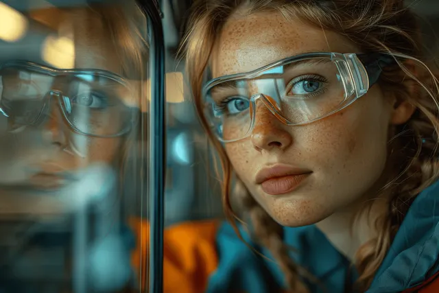 A young woman with freckles in safety glasses looks closely at her reflection beside a mirror in a lab-like setting.