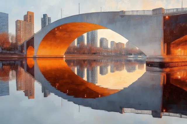 Impressionist Minneapolis twilight skyline with arched bridge reflection over calm river water