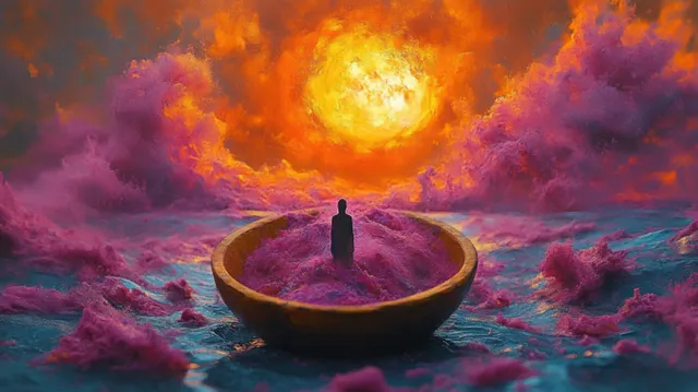 Silhouette of a lone person standing in a wooden bowl amid swirling purple clouds and a glowing sunset sky.