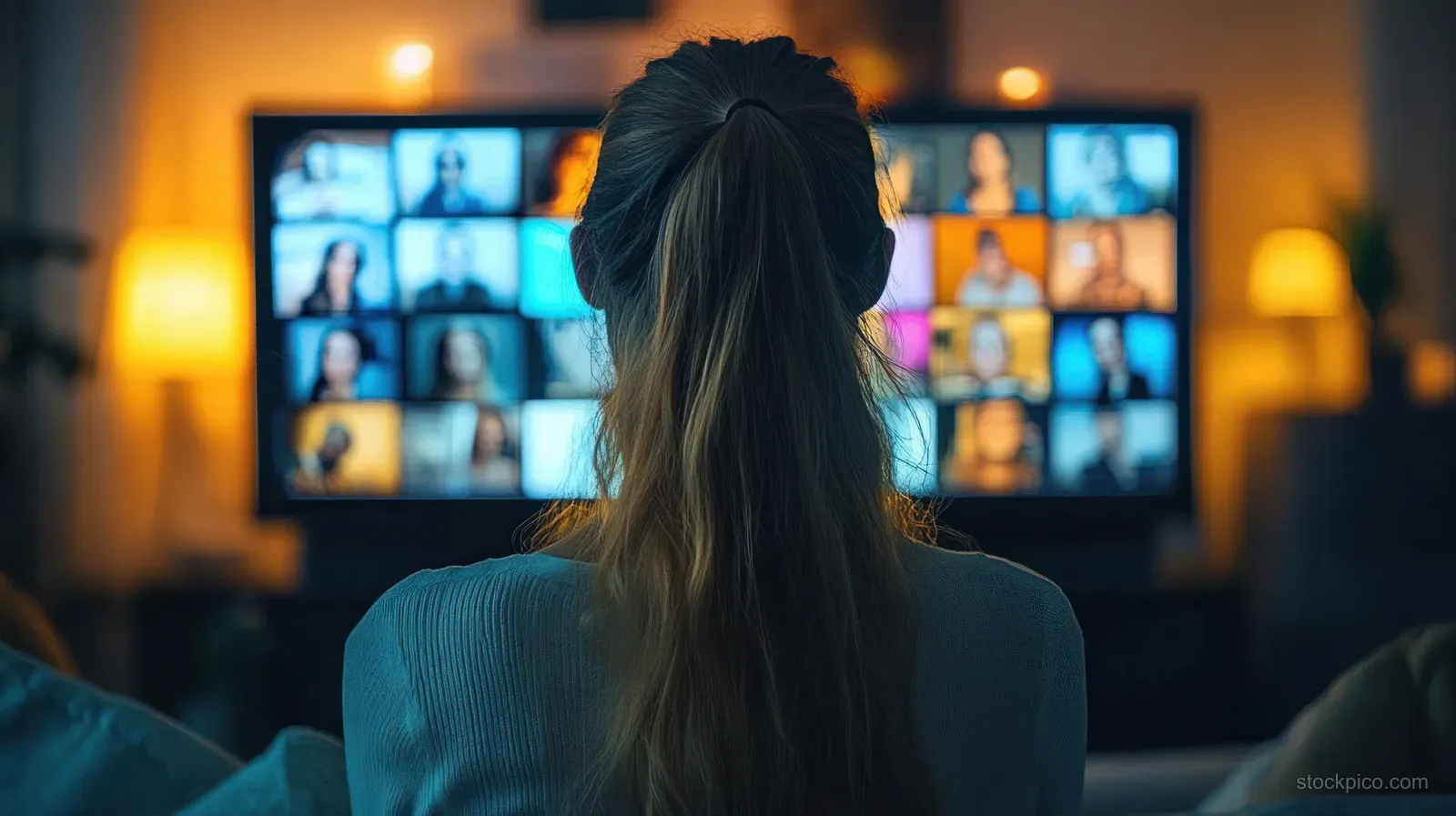 A woman with long blonde hair watches a multi-participant video conference on a large screen in a dim living room.