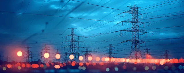 Electric transmission towers with power lines silhouetted over a blue city twilight skyline