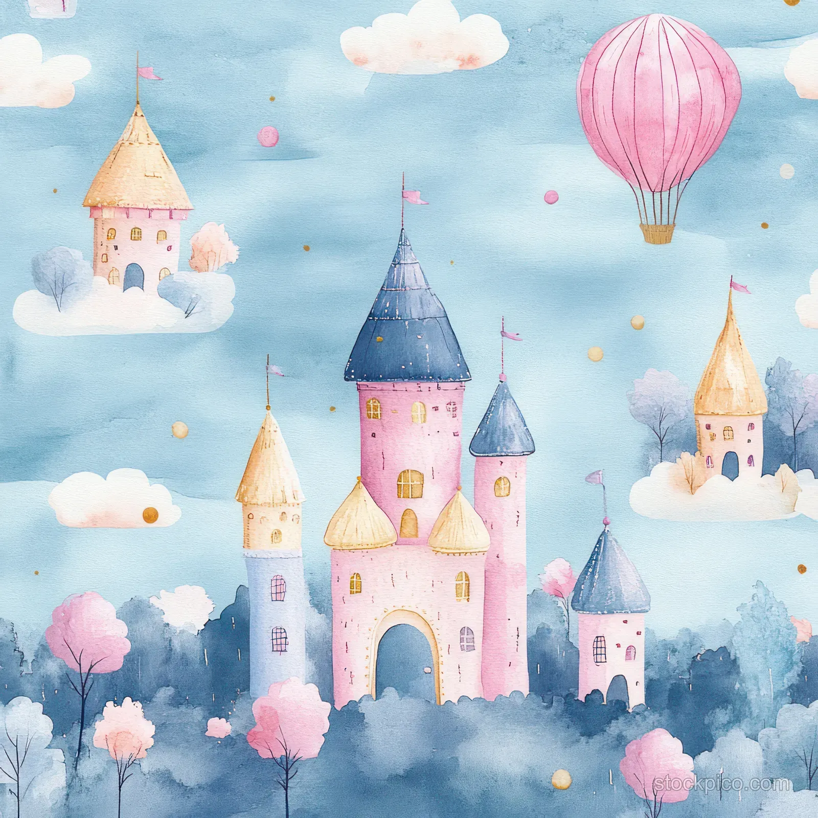 Watercolor fairy towers and hot air balloons float above pastel clouds in a seamless repeating pattern.