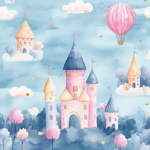 Watercolor fairy towers and hot air balloons float above pastel clouds in a seamless repeating pattern.