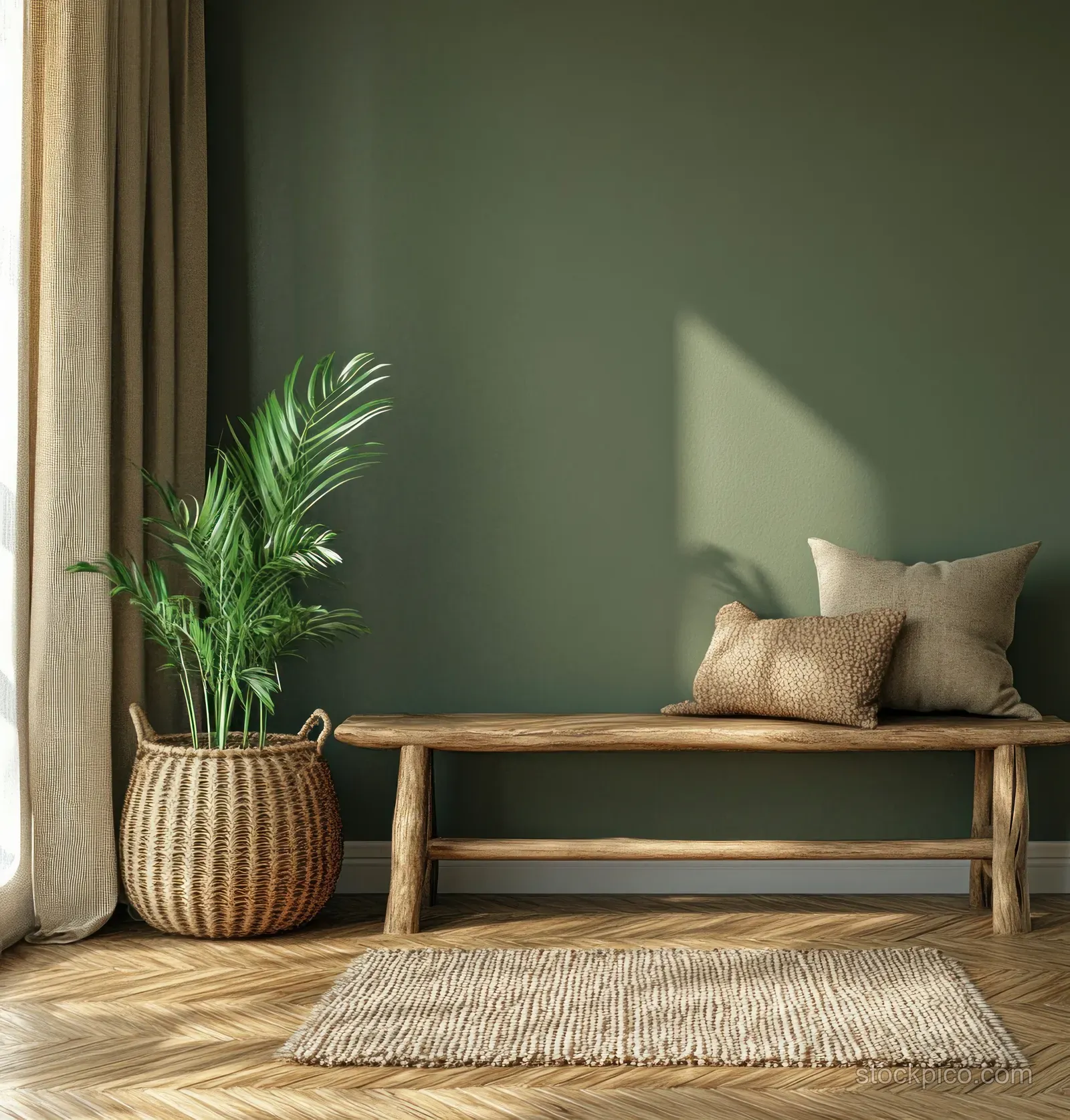 A green potted houseplant sits in a woven basket next to a wooden bench and cushion on a sunlit rug.