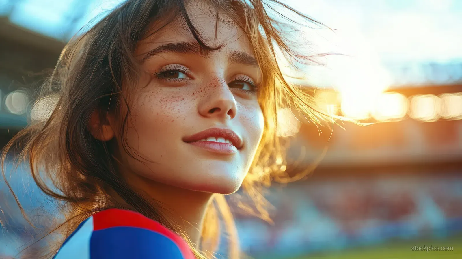 A smiling French woman fan with blue white red face paint cheers in sunny stadium stands.
