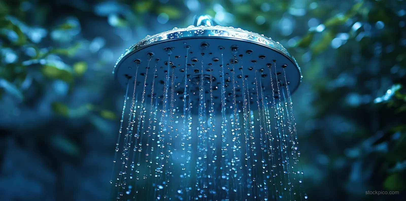A sprinkler head sprays a curtain of water over leafy plants in the dark.